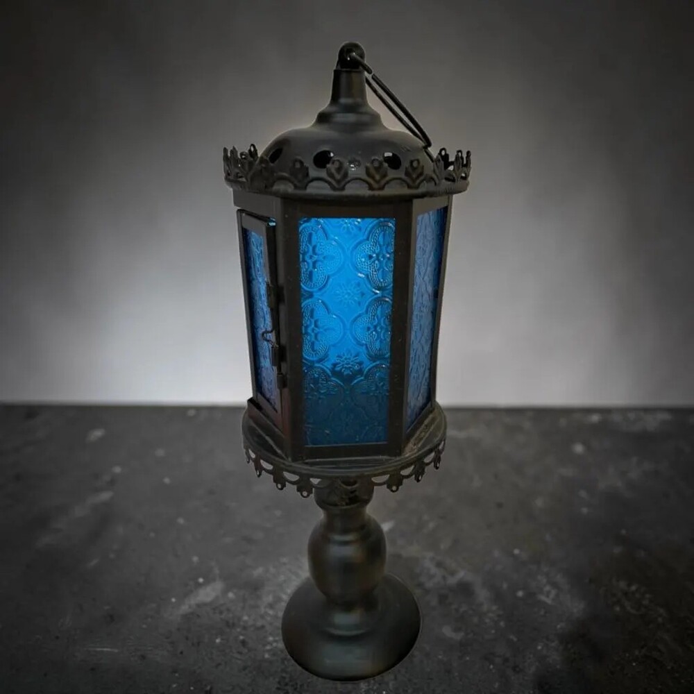 Moroccan Blue Embossed Glass and Black Metal Pedestal Candle Lantern